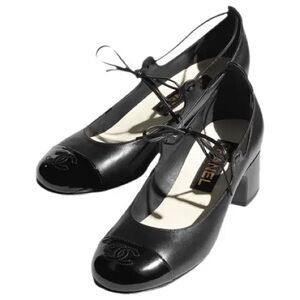 Chanel Lambskin Patent Cap Toe CC Mary Jane Black Pump Shoes